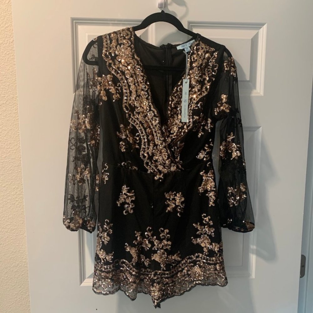 Sequin V Neck Long Sleeve Romper-NWT
